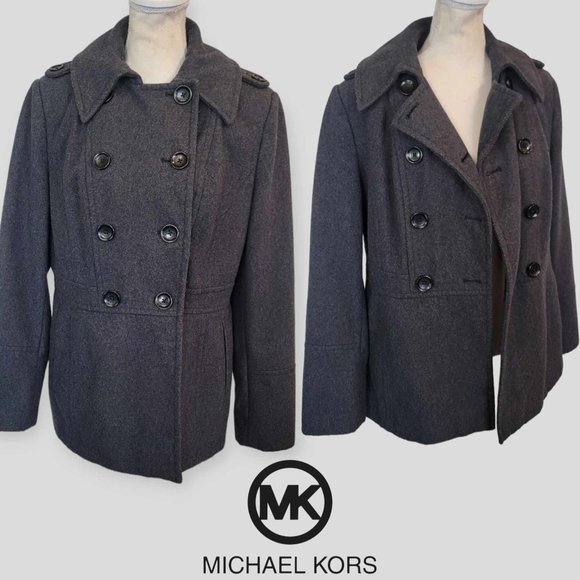 Michael Kors Women's Gray Double Breasted Wool Blend Pea Coat Winter Jacket M - Picture 1 of 16